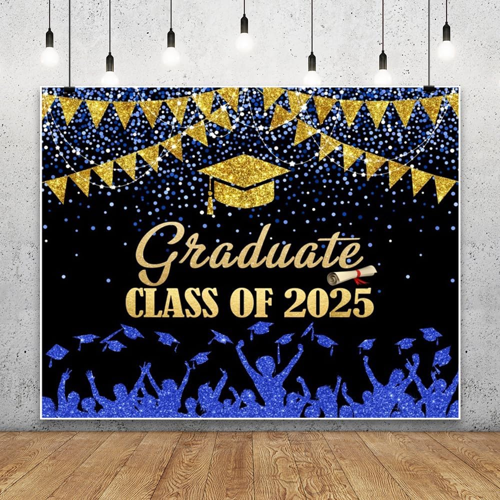 2025 Graduation Backdrop 10x8ft Blue Gold Glitter