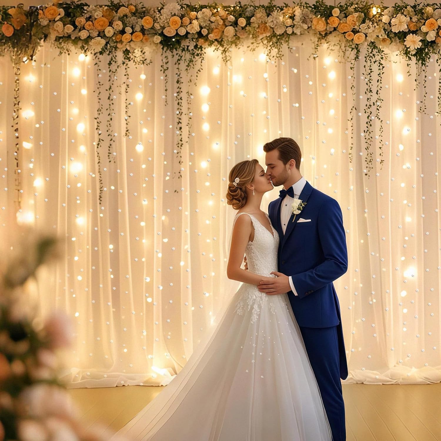 10x8ft Pearl Tulle Double Layered Backdrop with Lights and Clips