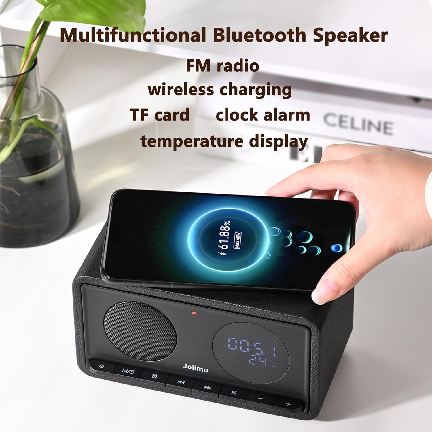 Bluetooth Speaker with Alarm Clock FM Radio Wireless Charger Thermometer Wooden Design