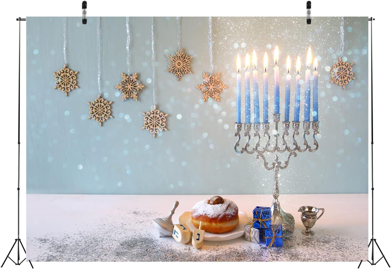 BELECO 8x6ft Hanukkah Backdrop with Silver Glitter Bokeh Lights