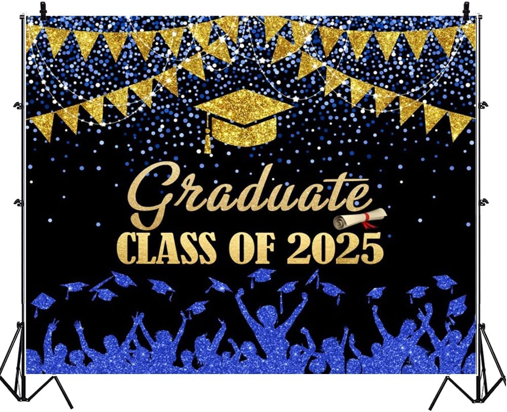 2025 Graduation Backdrop 10x8ft Blue Gold Glitter