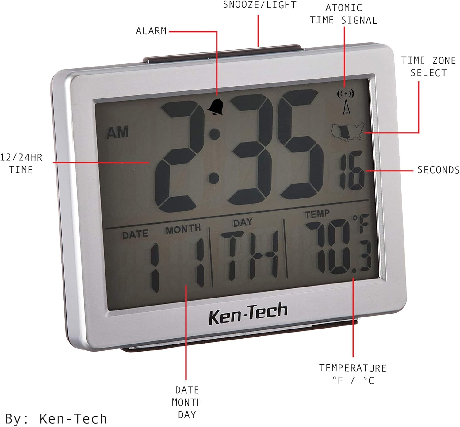 Sonnet Ken-Tech Atomic Radio Controlled LCD Alarm Clock 15-Inch Black