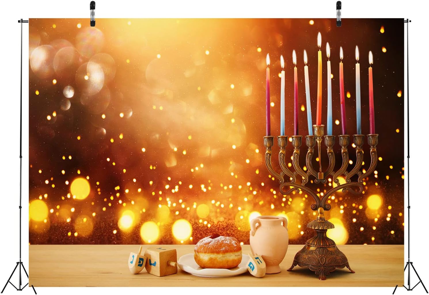 BELECO 8x6ft Hanukkah Photography Backdrop with Golden Bokeh Glitter