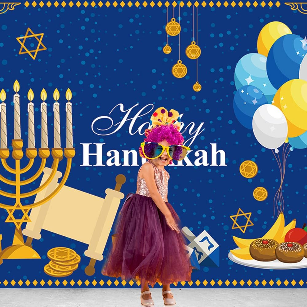 7x5FT Hanukkah Party Background with Blue Gold Design