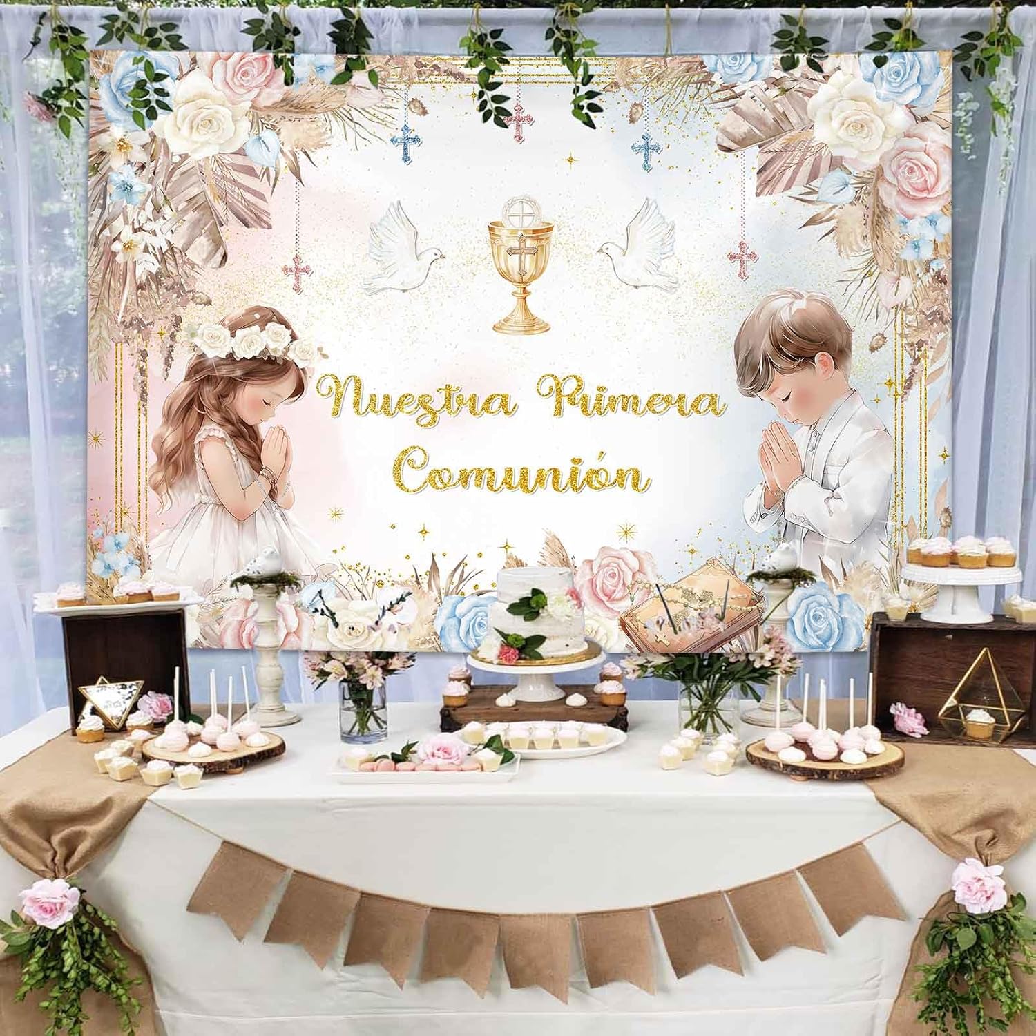 MEHOFOND First Holy Communion Backdrop 7x5ft