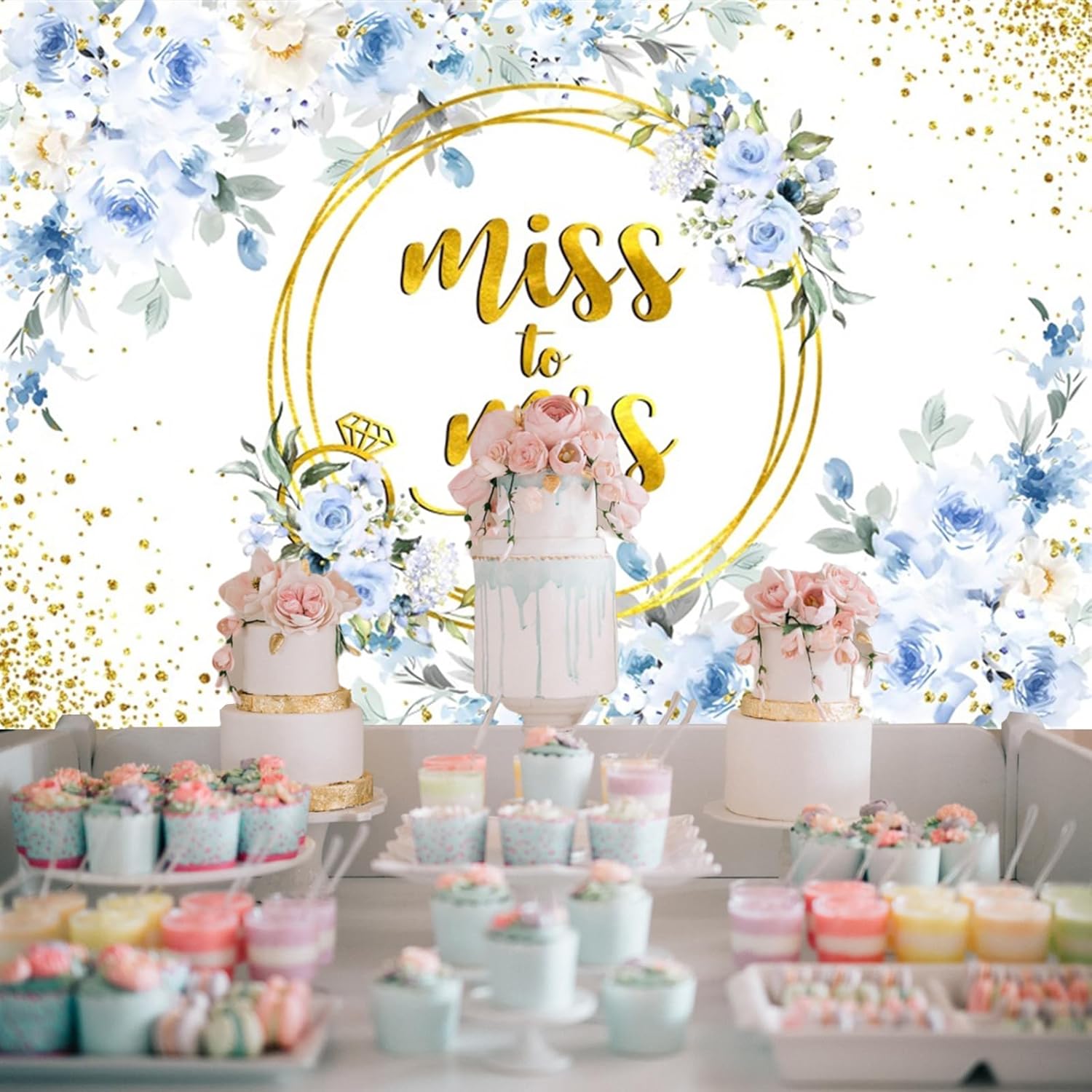 10x7ft Blue Floral Backdrop for Wedding and Photo Events