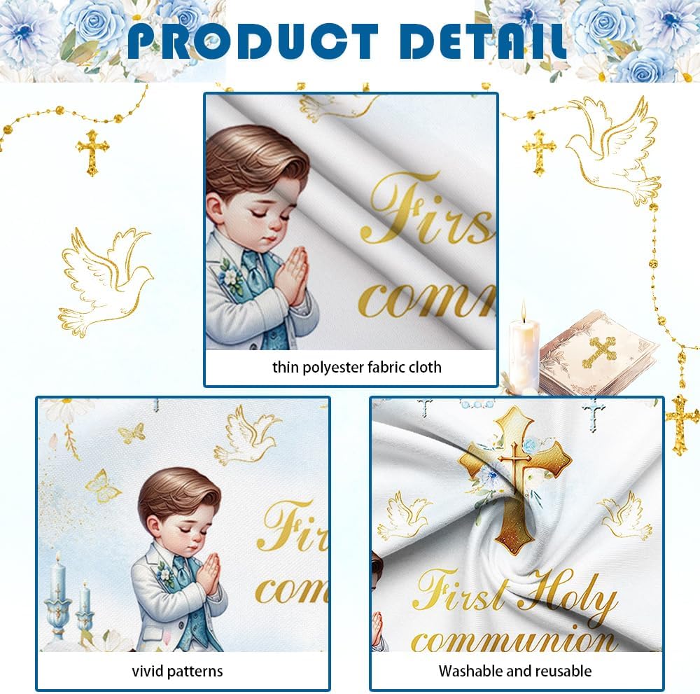 MEHOFOND 7x5ft First Holy Communion Backdrop with Blue Boy Design