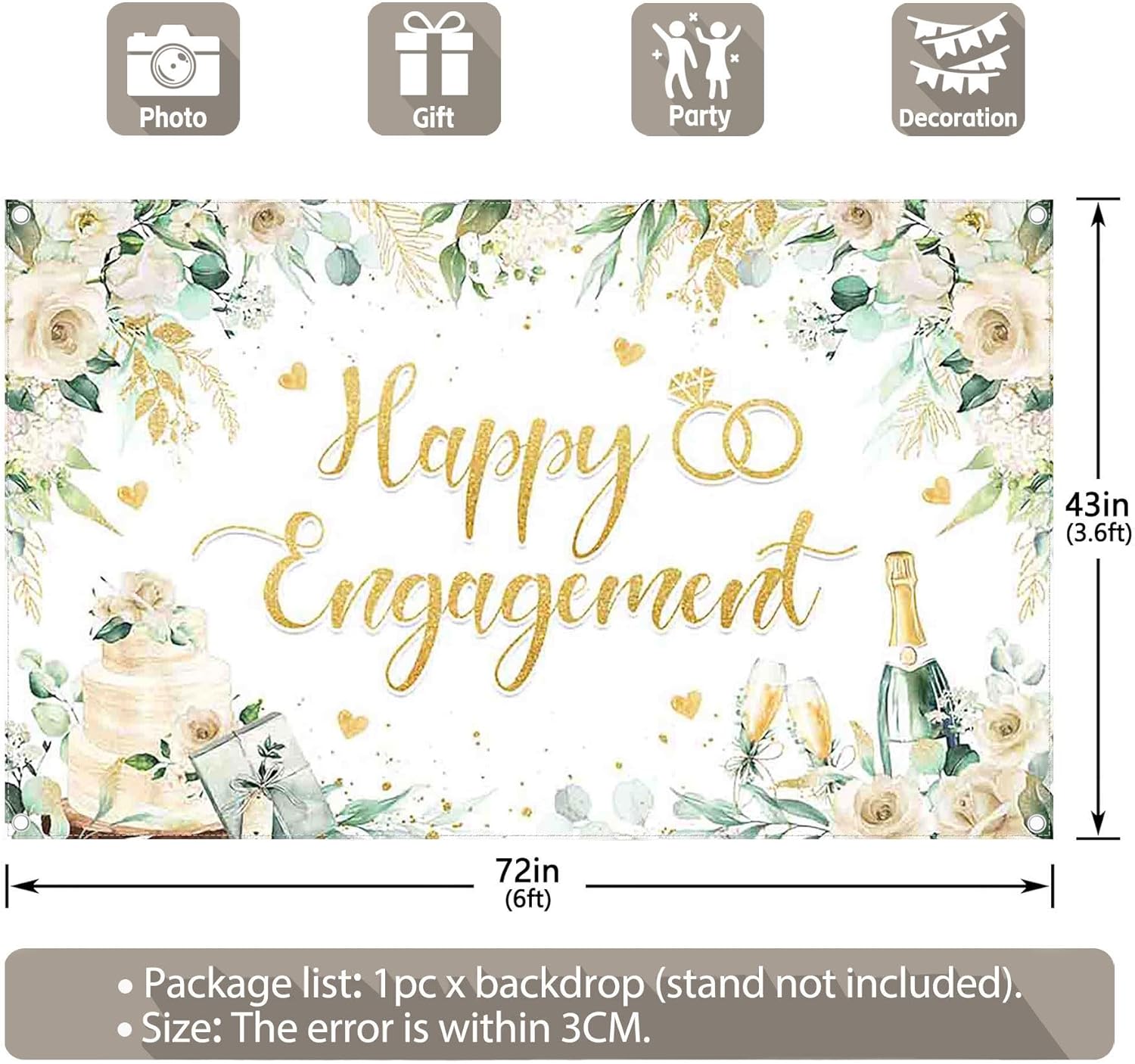 Happy Engagement Backdrop 72x43inch Green Leaves Rose Diamond