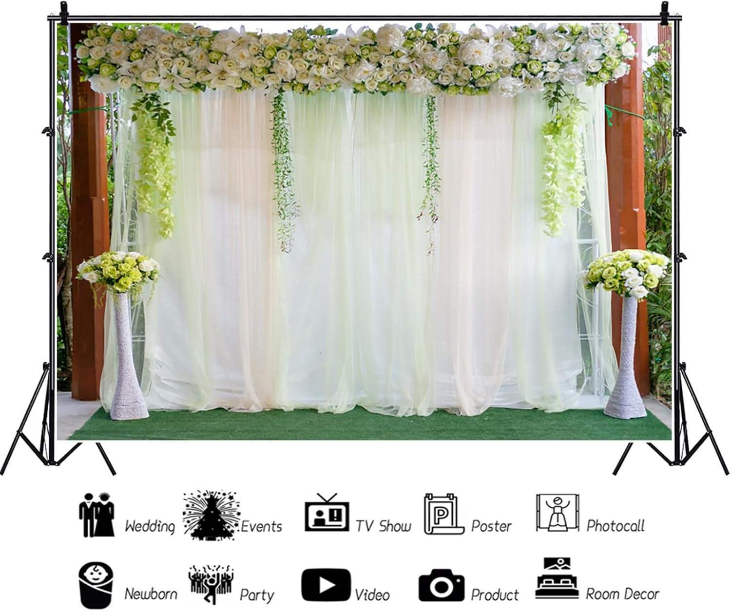 10x8ft White Flowers Green Leaves Wedding Backdrop