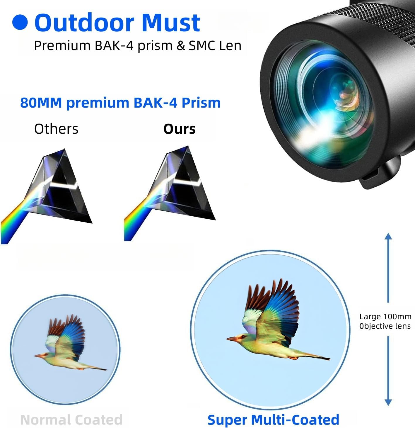 80x100 Power Monocular for Smartphone Stargazing Hunting Bird Watching
