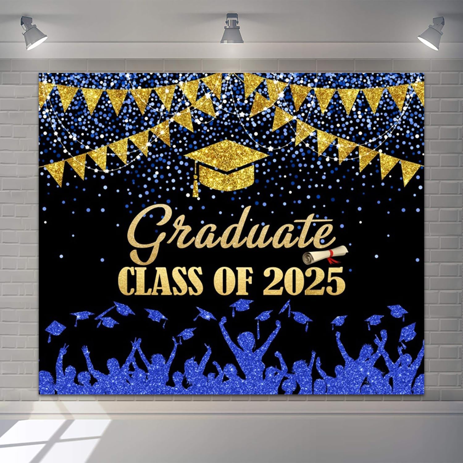 2025 Graduation Backdrop 10x8ft Blue Gold Glitter