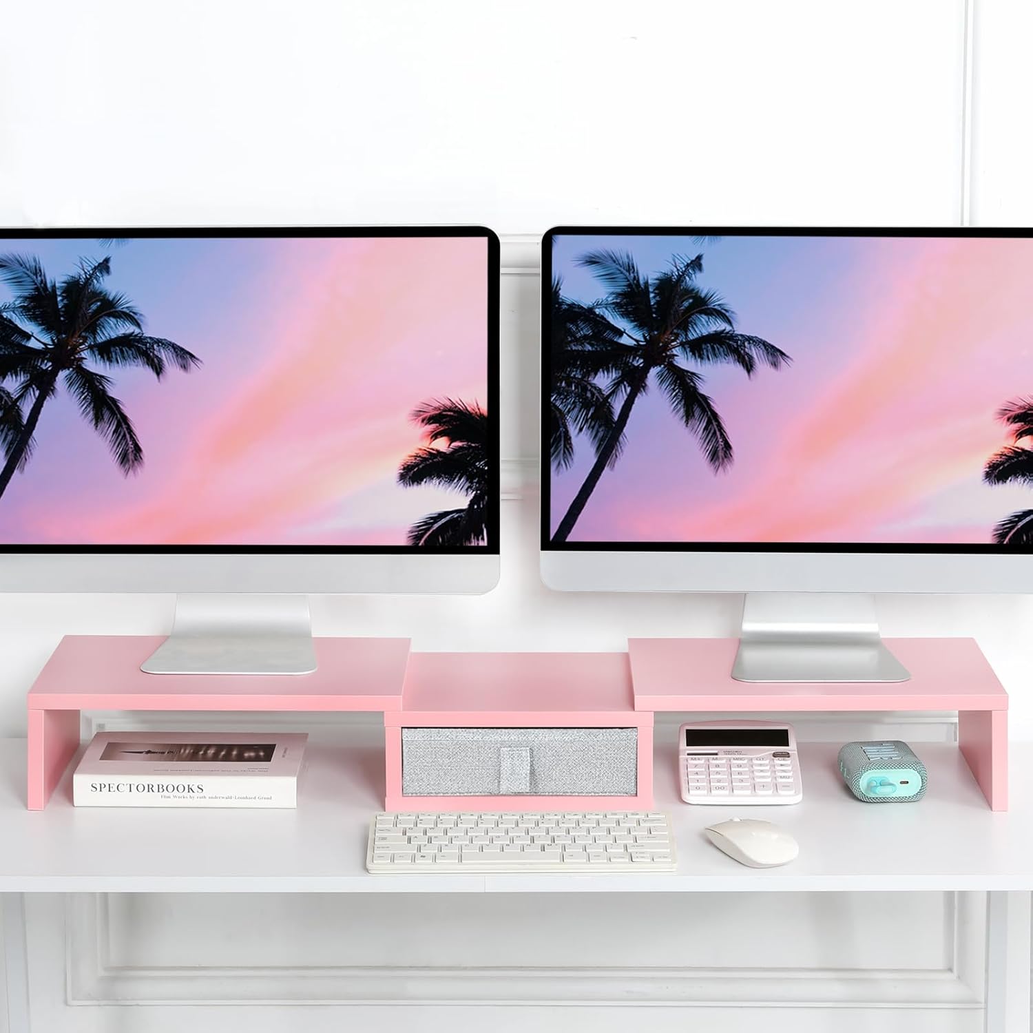 TEAMIX Pink Dual Monitor Stand Riser with Drawer