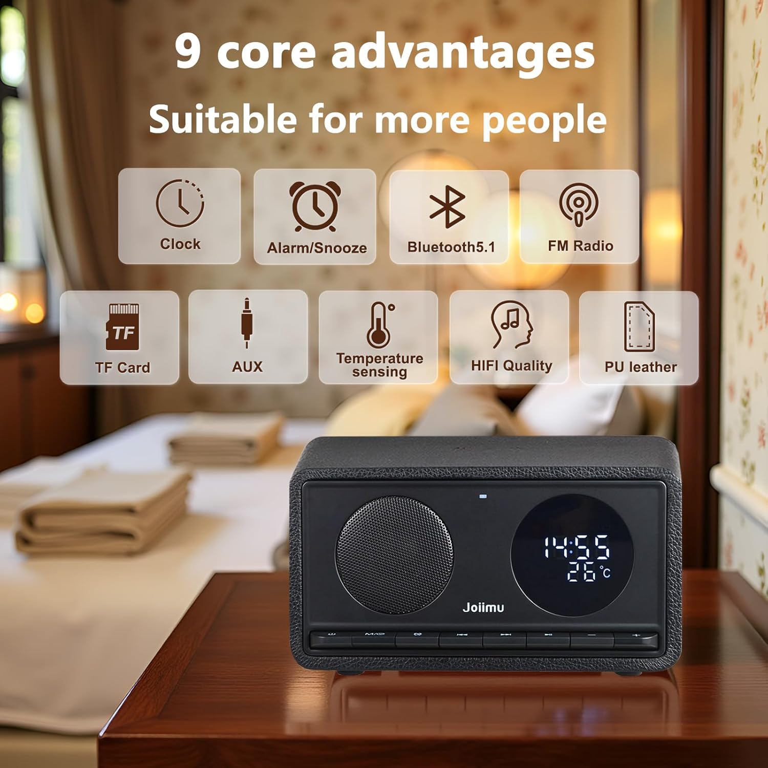 Bluetooth Speaker with Alarm Clock FM Radio Wireless Charger Thermometer Wooden Design