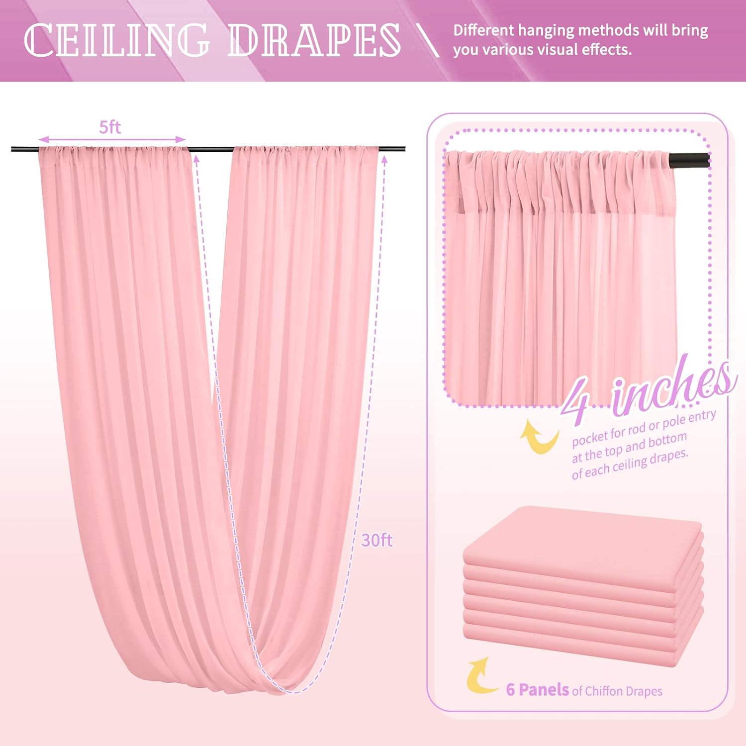 6 Panels Dusty Rose Ceiling Drapes for Wedding and Events