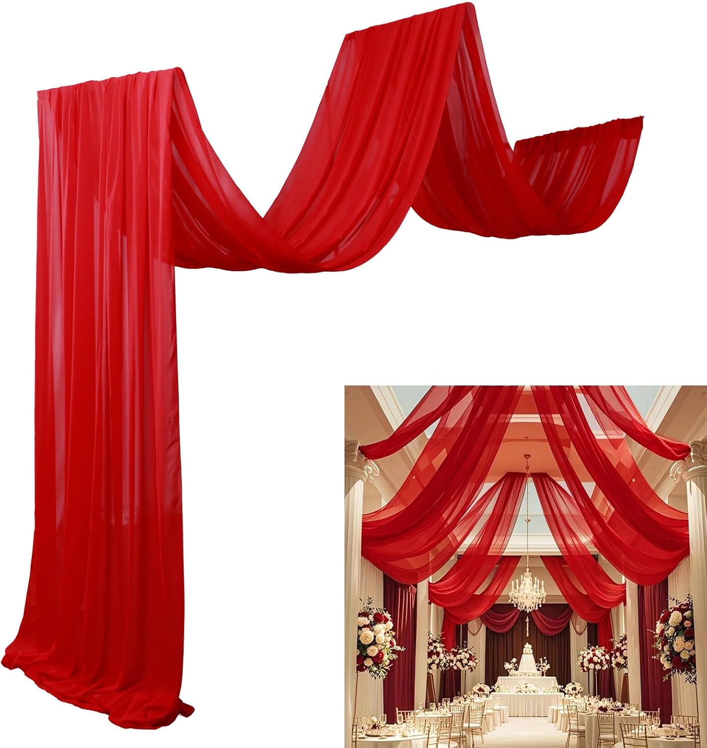 DUOBAO 6 Panel Red Chiffon Ceiling Drapes Wedding Backdrop