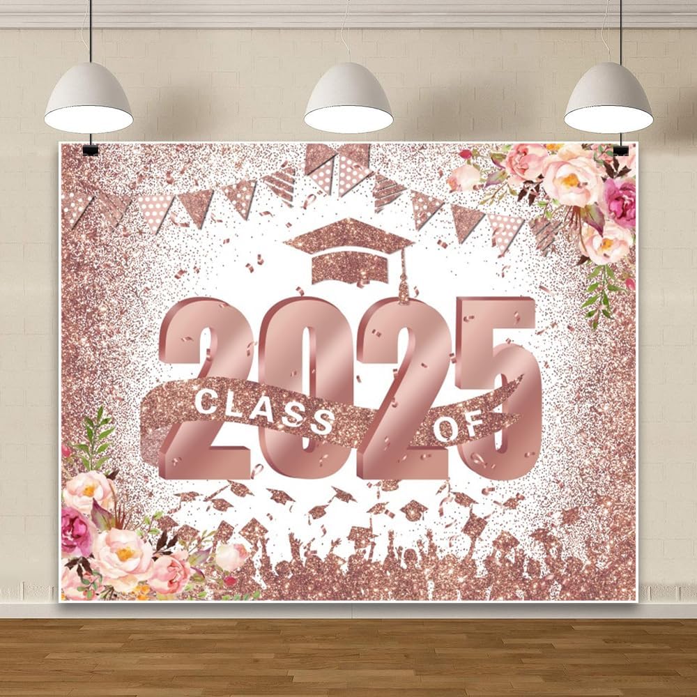 Graduation Class of 2025 Pink Floral Photo Backdrop 10x8ft Vinyl