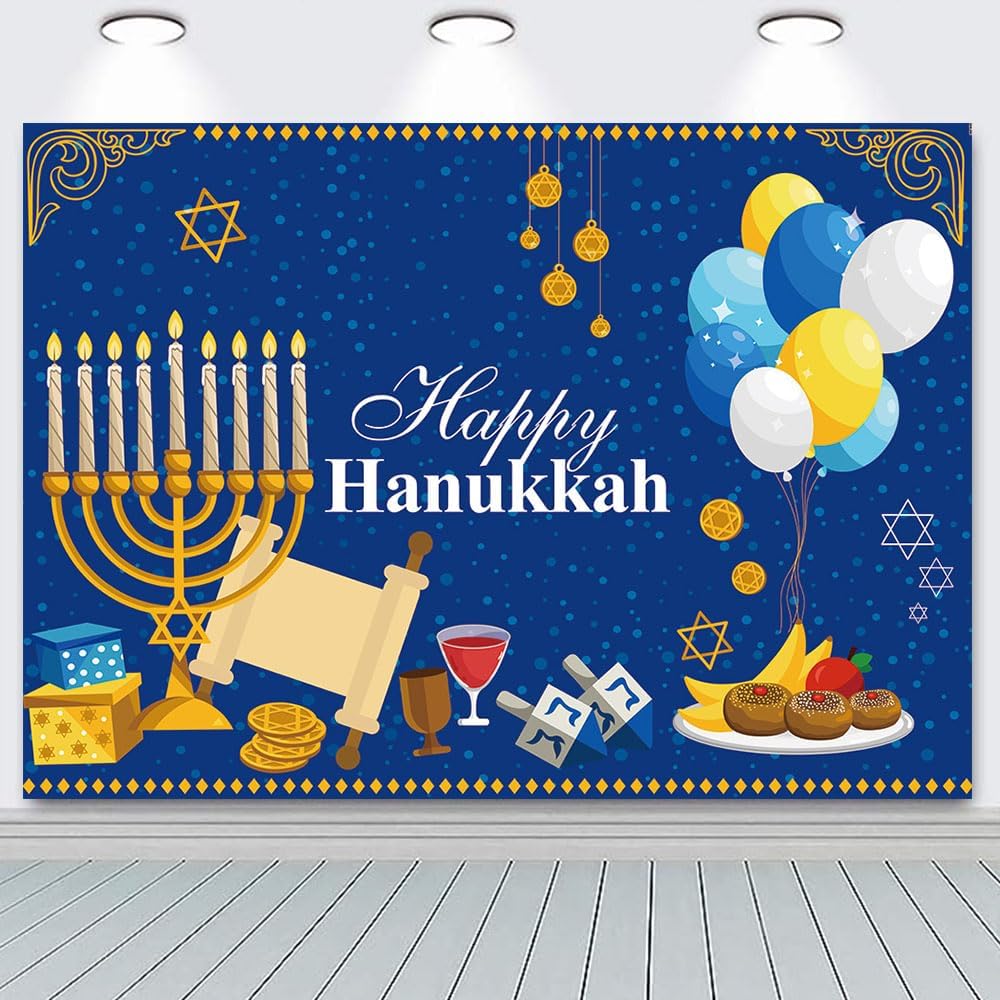 7x5FT Hanukkah Party Background with Blue Gold Design