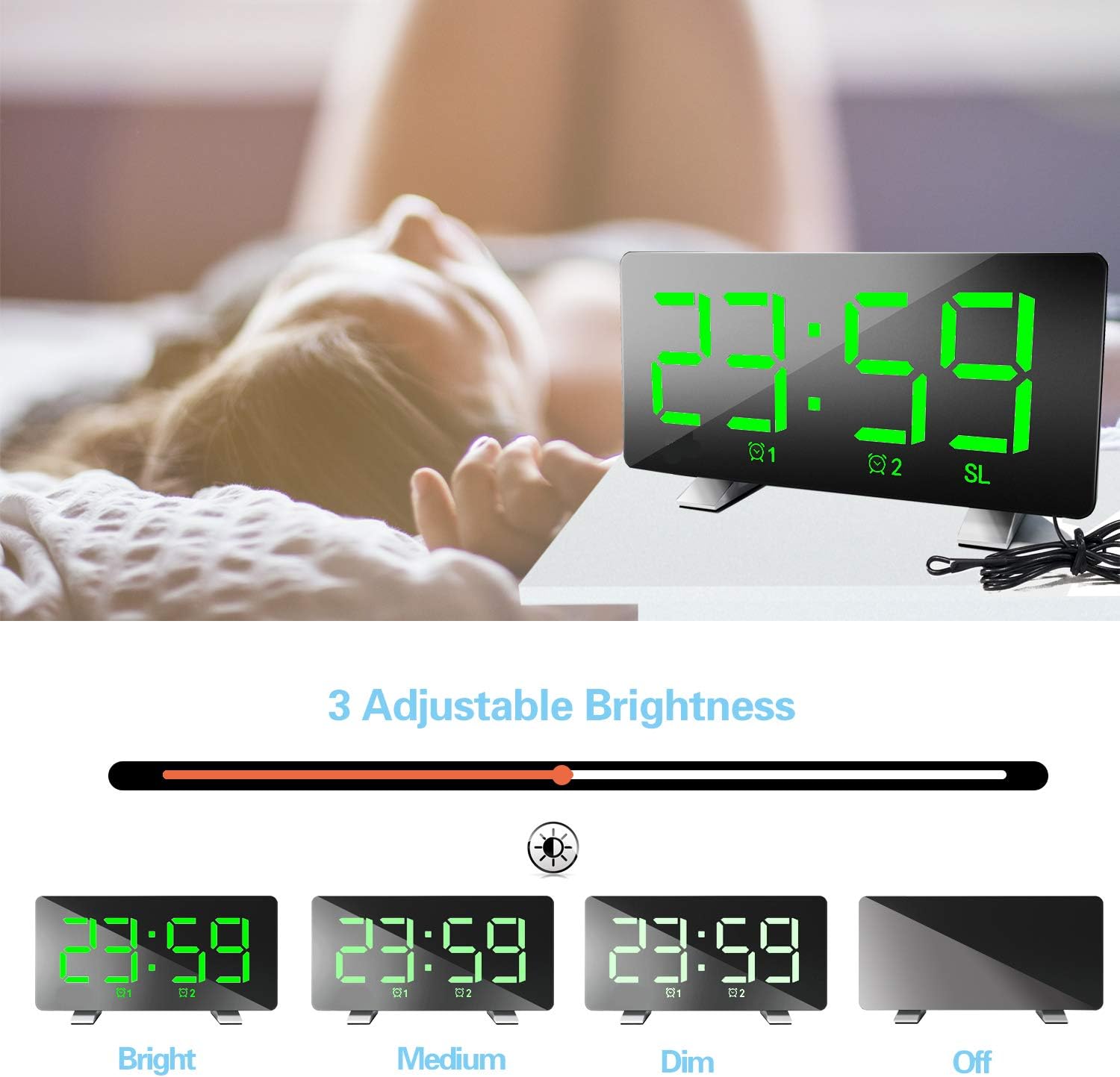 ThreeH Alarm Clock Radio with USB Charging and Adjustable Brightness