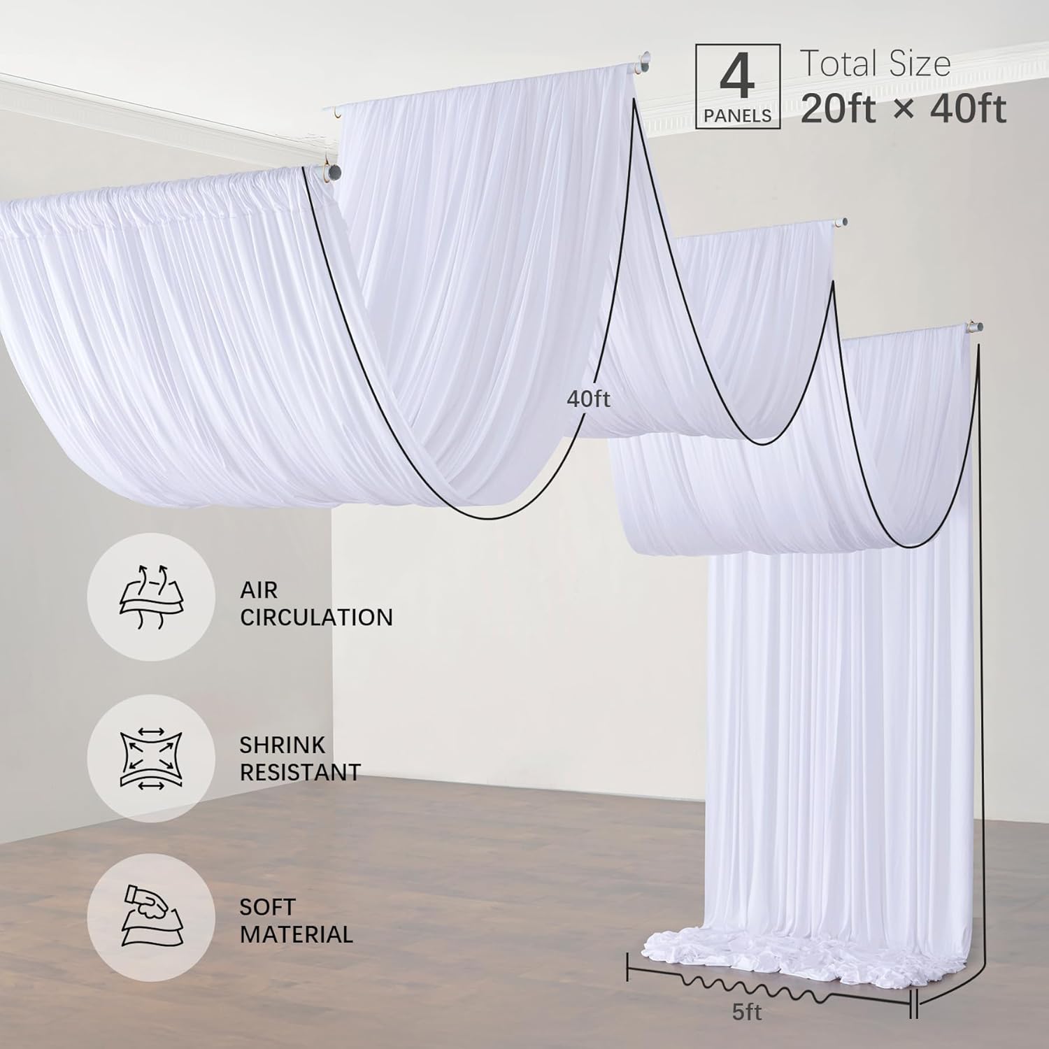 PartyVillage 20ft x 40ft White Ceiling Drapes 4 Panels