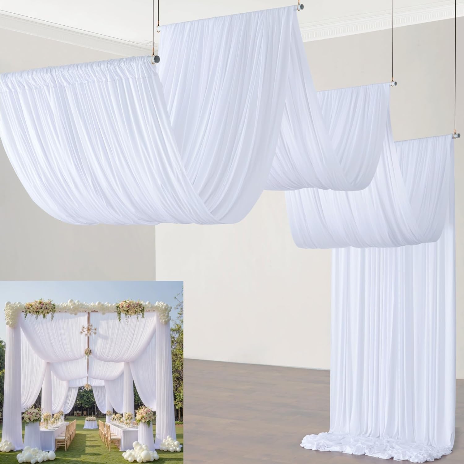 4 Panels White Wedding Drapes 5ftx40ft Wrinkle Free