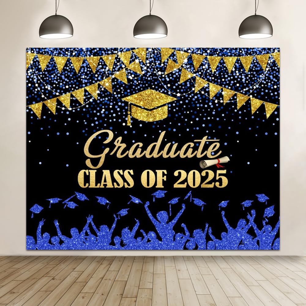 2025 Graduation Backdrop 10x8ft Blue Gold Glitter