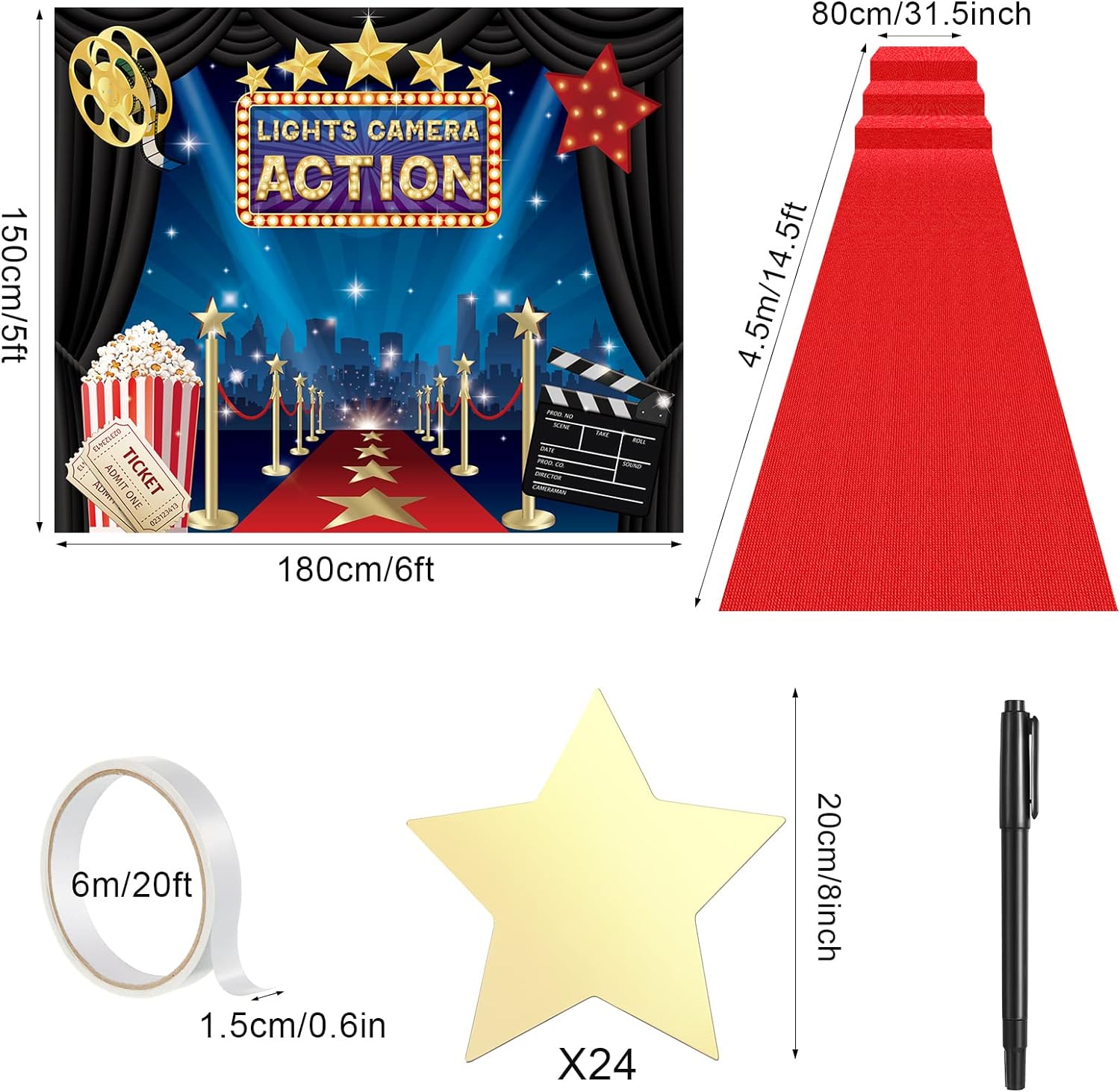 Frienda 6x5ft Movie Photo Backdrop with Red Carpet Runner and Star Cutouts