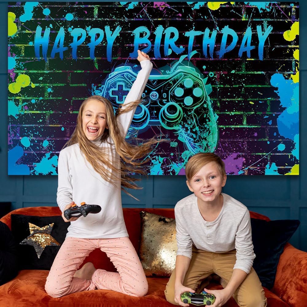 Video Game Birthday Backdrop with Ropes 72x44 Inch