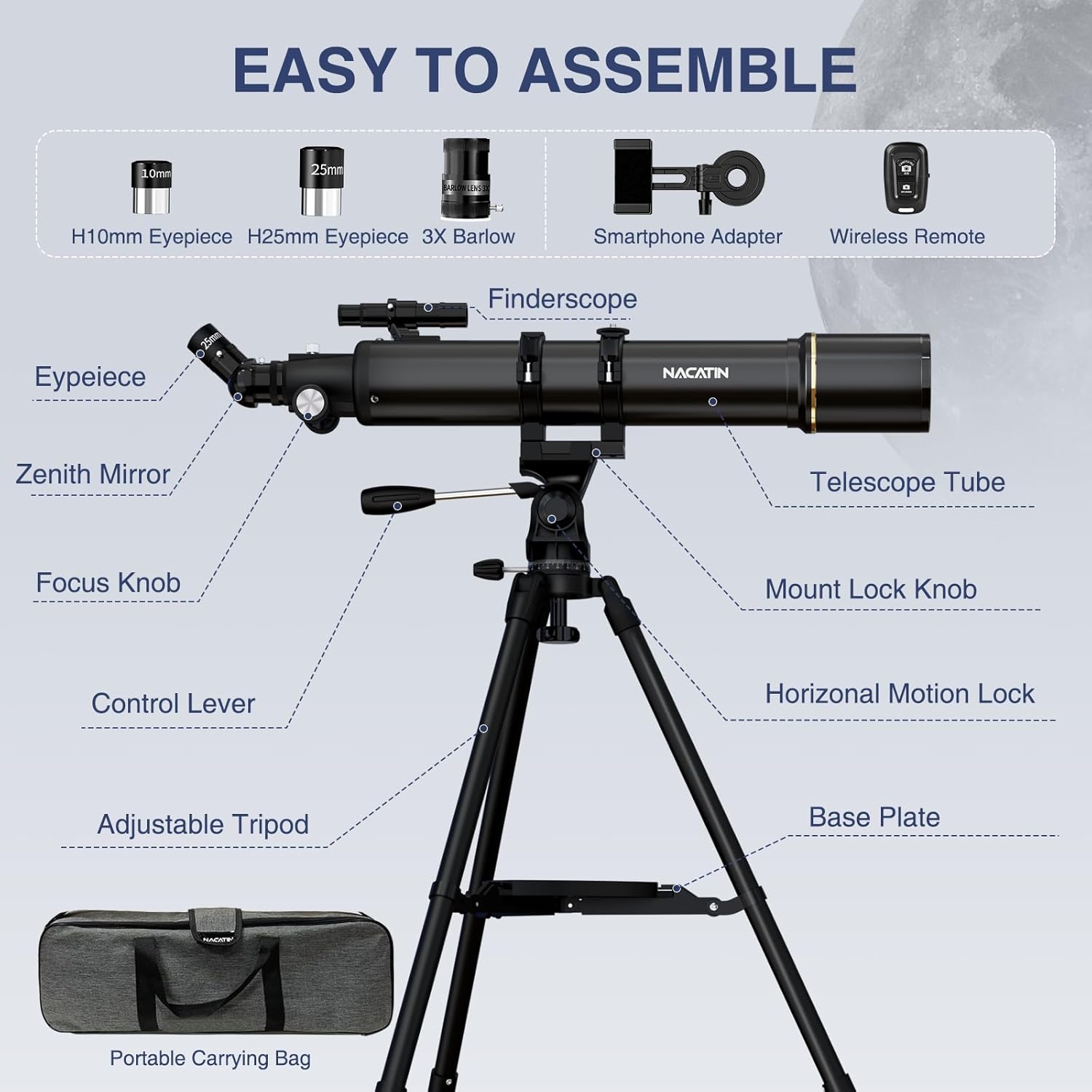 NACATIN 90mm Refractor Telescope with 32X-240X Magnification