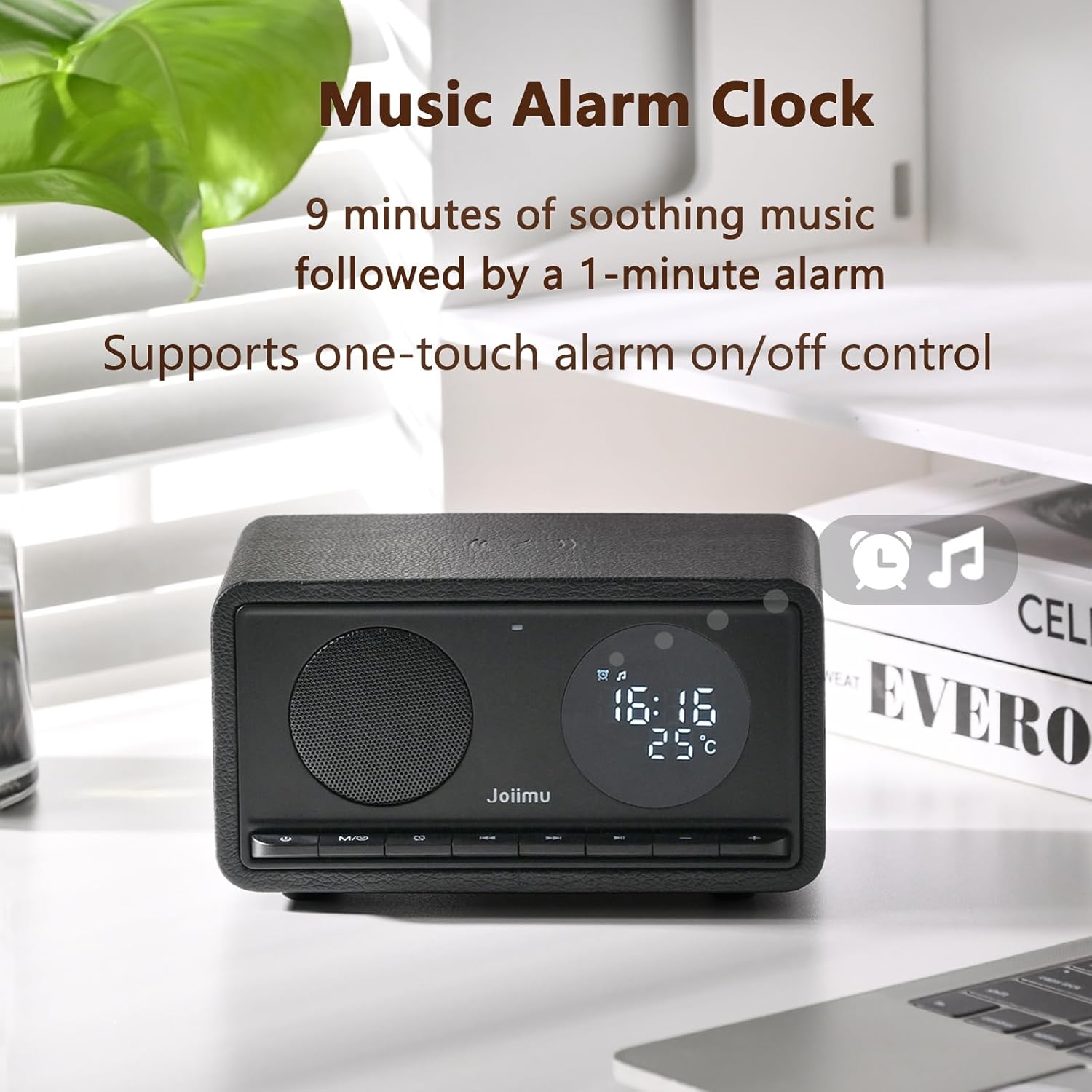 Bluetooth Speaker with Alarm Clock FM Radio Wireless Charger Thermometer Wooden Design