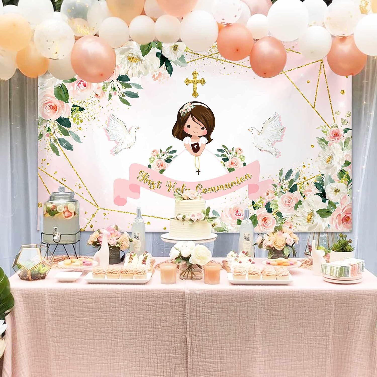 MEHOFOND Holy Communion Backdrop Pink Floral Photo Studio Background