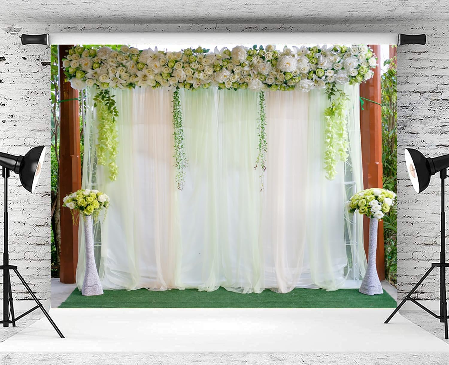 10x8ft White Flowers Green Leaves Wedding Backdrop