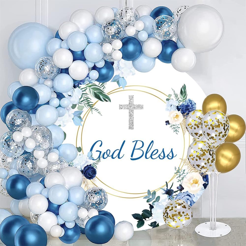 7x7ft God Bless Round Backdrop Cover for Baby Shower and Holy Communion