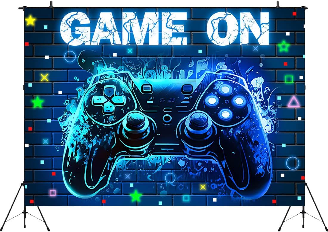 Video Game Party Backdrop with Blue Neon Glow