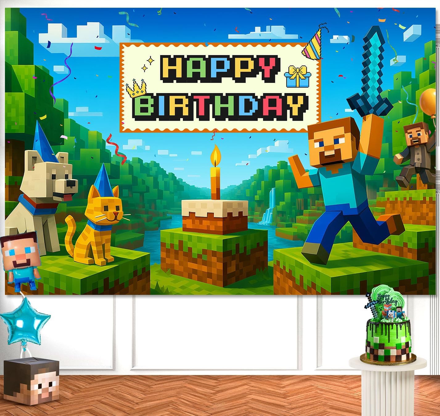 Pixel Gaming Birthday Banner for Boys 6x4ft Backdrop Decor