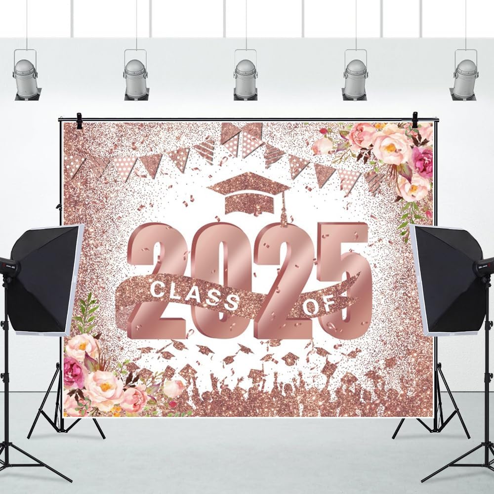 Graduation Class of 2025 Pink Floral Photo Backdrop 10x8ft Vinyl