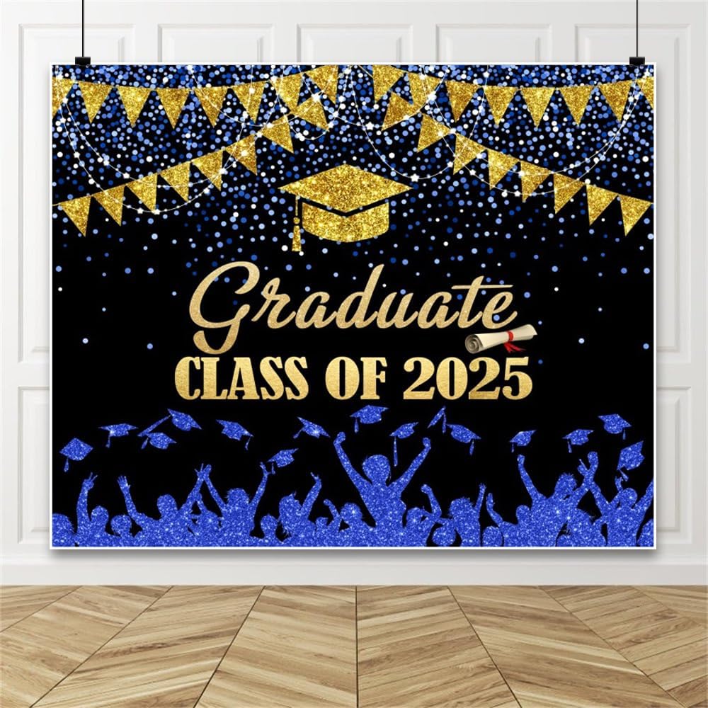2025 Graduation Backdrop 10x8ft Blue Gold Glitter
