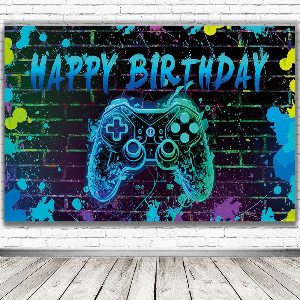 Video Game Birthday Backdrop with Ropes 72x44 Inch