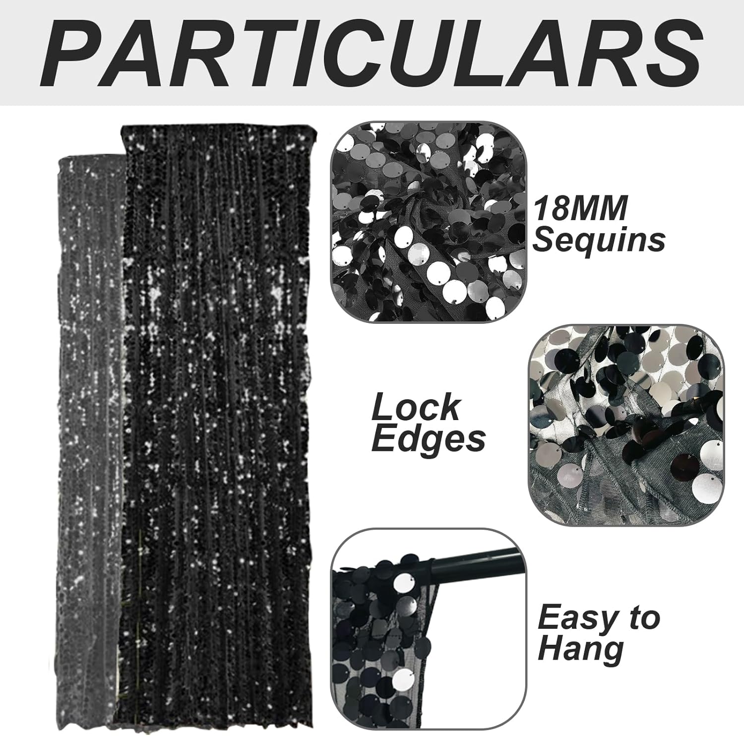 18MM Black Sequin Curtains 45FTX9FT 2 Panels Backdrop