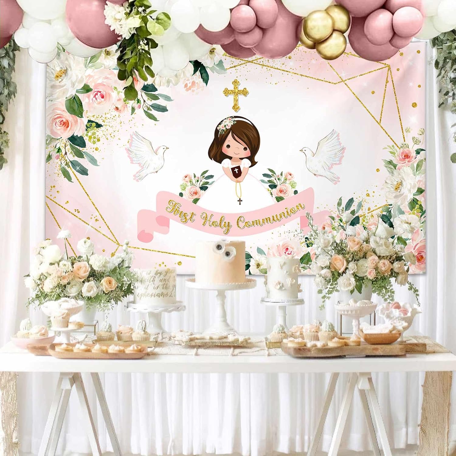 MEHOFOND Holy Communion Backdrop Pink Floral Photo Studio Background