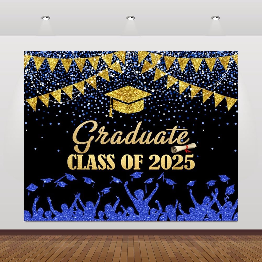 2025 Graduation Backdrop 10x8ft Blue Gold Glitter