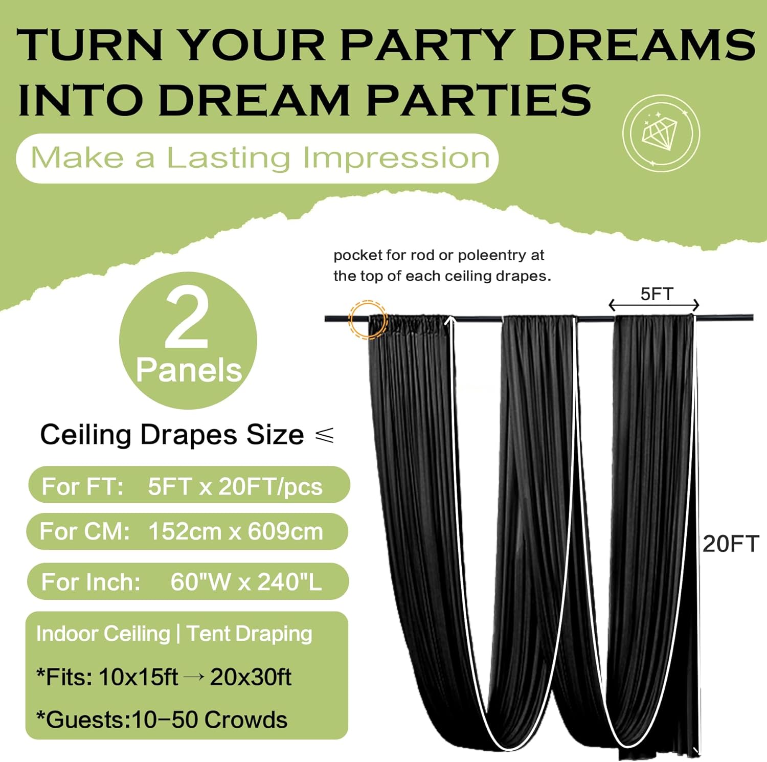 PartyVillage 10ft x 20ft Black Ceiling Curtain for Weddings