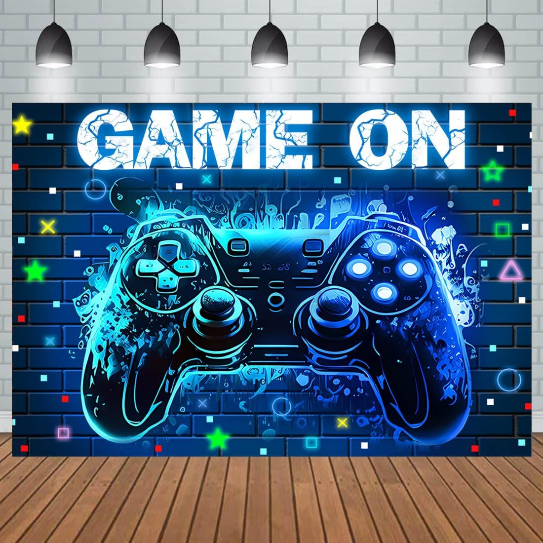 Video Game Party Backdrop with Blue Neon Glow