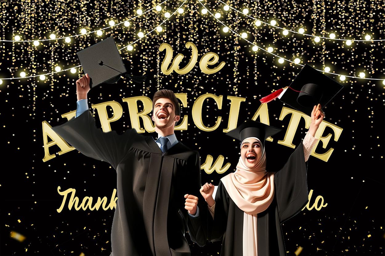 We Appreciate You Backdrop 10x8ft Black Golden Glitter Banner