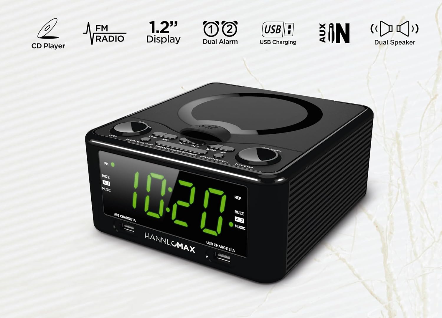 HANNLOMAX HX-300CD Clock Radio with CD Player and USB Ports