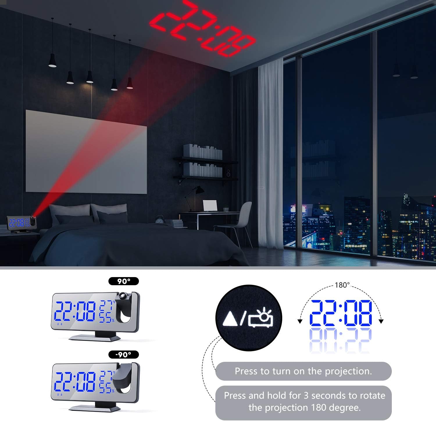 ThreeH Projection Alarm Clock with 4 Dimmer and 180 Degree Rotation
