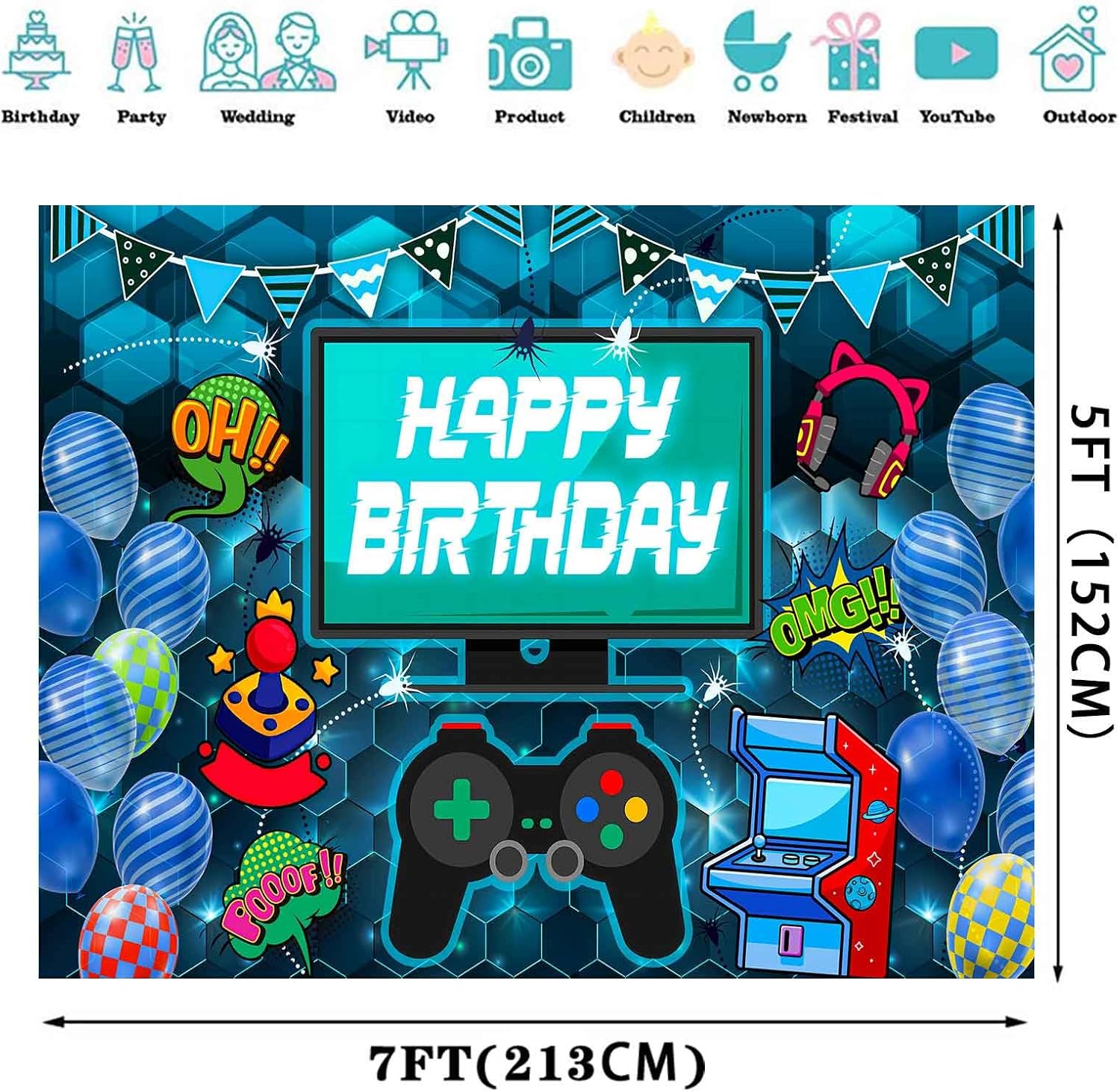 Video Game Birthday Backdrop 7x5ft Blue