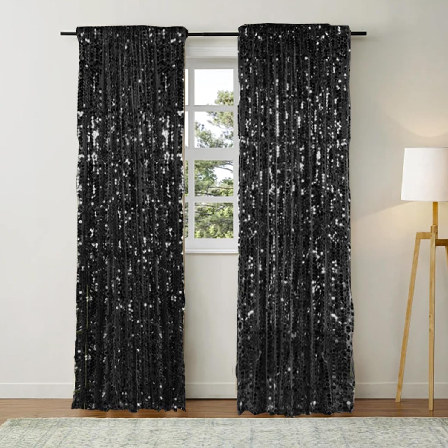 18MM Black Sequin Curtains 45FTX9FT 2 Panels Backdrop