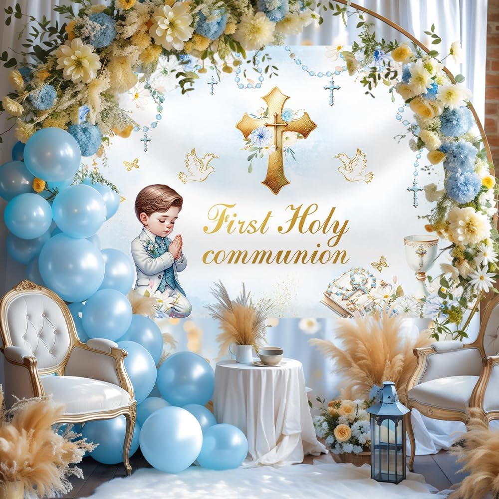 MEHOFOND 7x5ft First Holy Communion Backdrop with Blue Boy Design