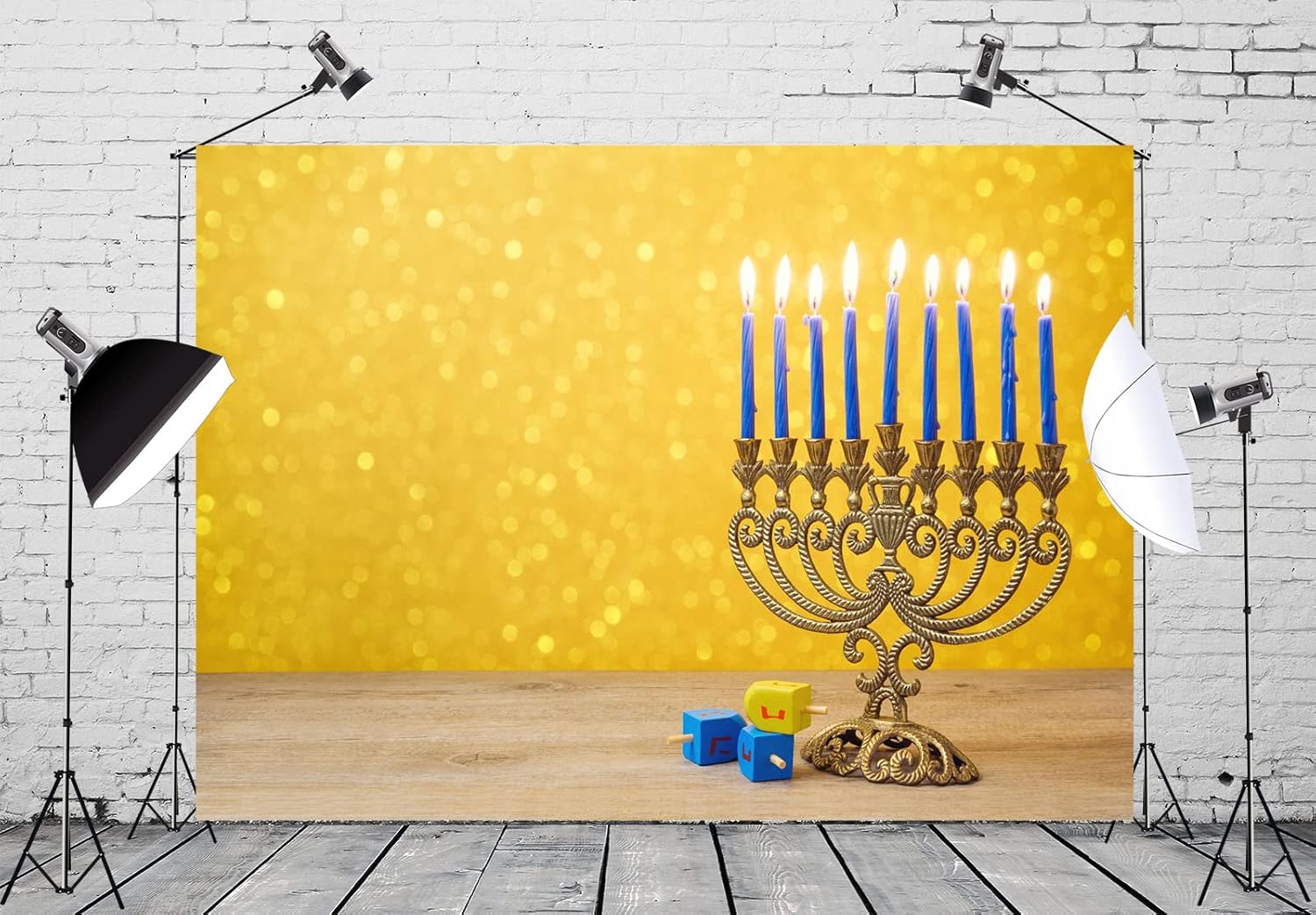 BELECO 8x6ft Hanukkah Photo Backdrop with Golden Glitter Bokeh Lights