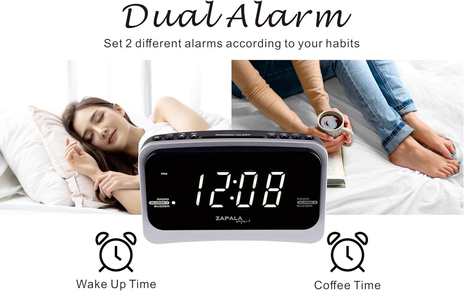 ZAPALA Alarm Clock Radio with 2 Alarms and USB Charging